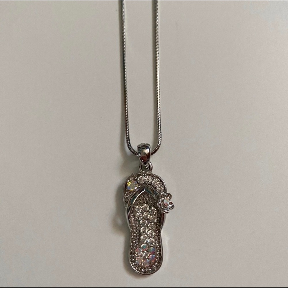 Silver Flip Flop Necklace w/ Flower and Rhinestones